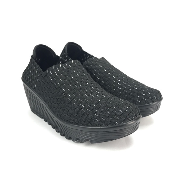 Corkys Womens Tent Black Silver Casual Wedge Shoes
